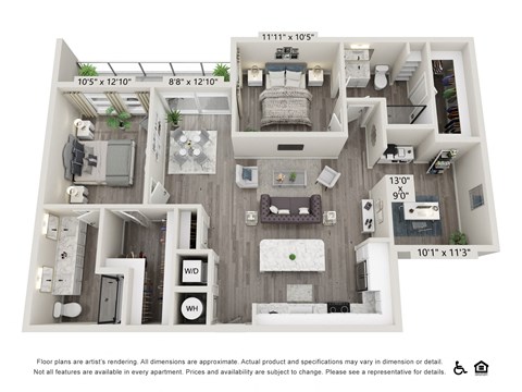Floor plan for 2 beds, 2 baths, 1351 sqft